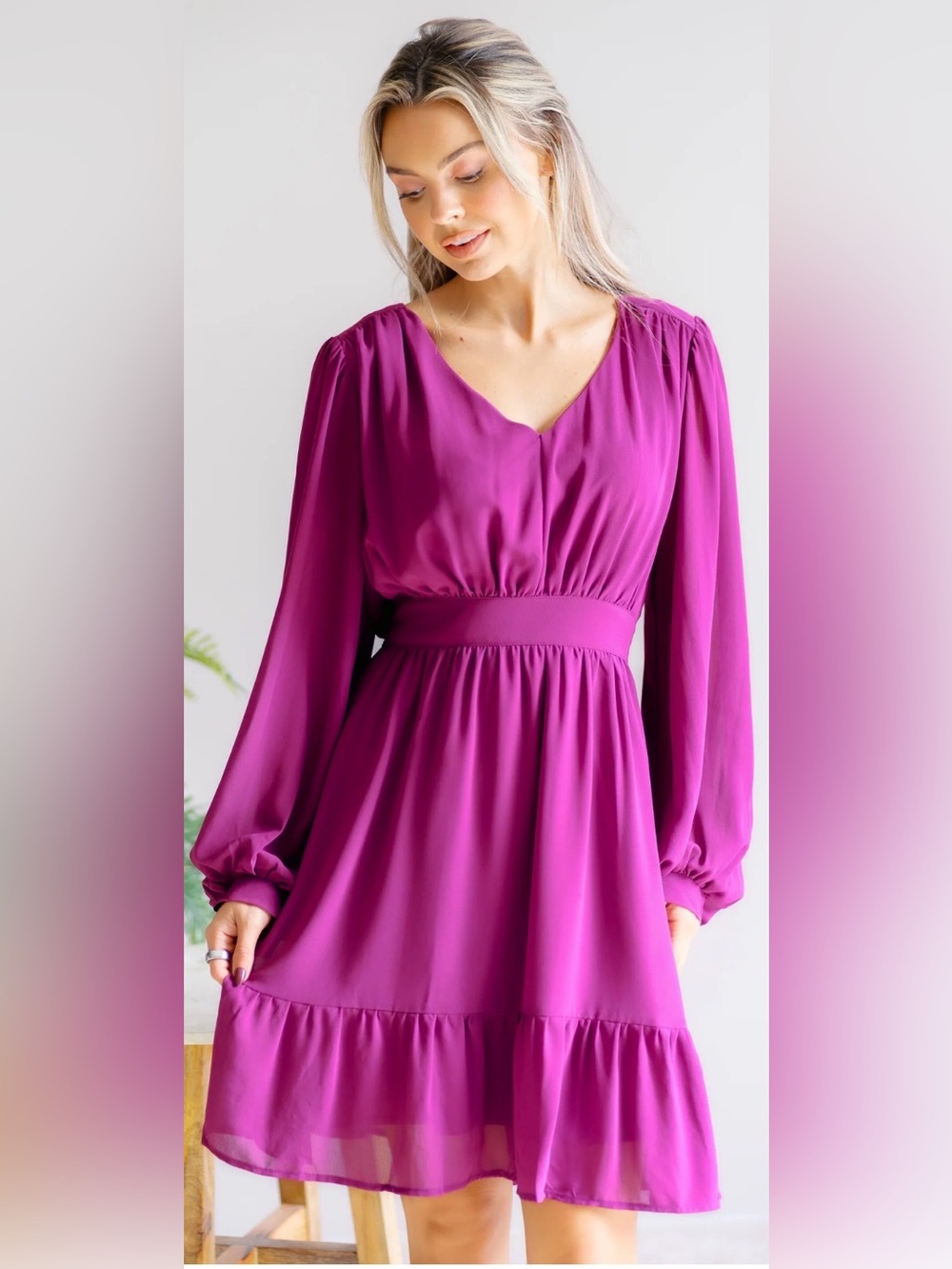 ODDY Magenta V-Neck Long Sleeve Dress